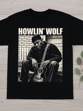 Vintage Blues Musician Screen Print Graphic Tee Retro Black Guitar